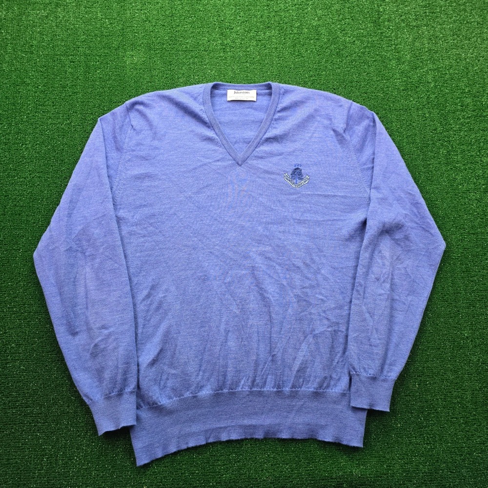 Johnstons of Elgin‎ Sweater Mens 46 Large Blue V-Neck Carnoustie Golf Links Wool